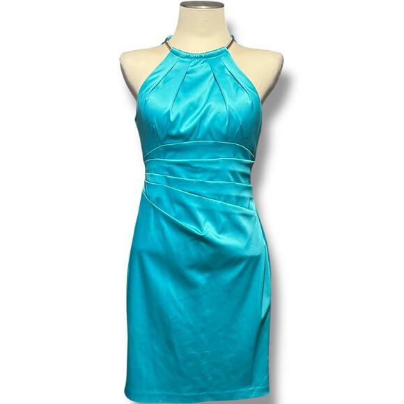 Eliza J Halter Satin Sheath Mini Dress Mermaid Blue 6 - Picture 2 of 9